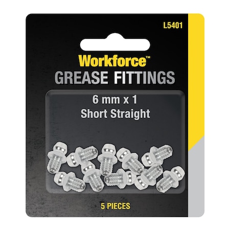 Workforce Grease Fittings, Metric, 6mm x 1 Straight, 5-Piece, bulk L5401